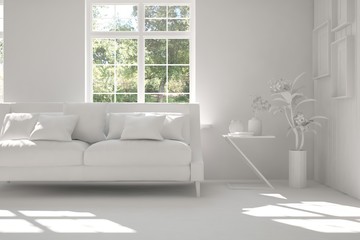 White room with sofa and green landscape in window. Scandinavian interior design. 3D illustration