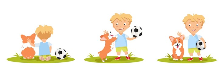 Set of cute little boy playing with his dog. Vector illustration