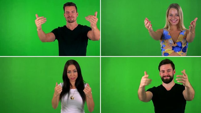 4K compilation (montage) - people invite other to camera - green screen studio