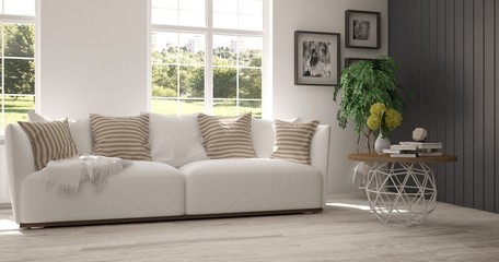 White room with sofa and green landscape in window. Scandinavian interior design. 3D illustration