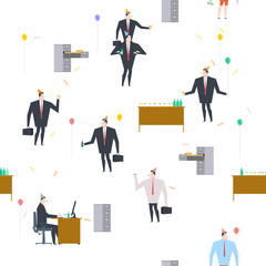 Office party pattern. Holiday at work. Businessman on feast. Celebratory cap and Party horn. balloon and bottle of alcohol. Manager drunk. managers Birthday at job