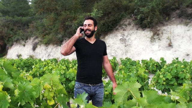 A young winemaker go through his winery, inspect the leaves and talk on the phone with partners