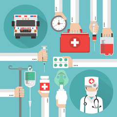 Healthcare flat design with ambulance and doctor in the mask.Vector illustration