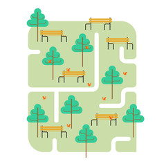 Park map. Path and tree. Bench and squirrel. Square landscape