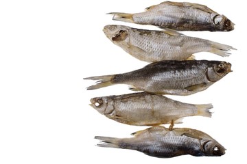 Five dried salted roach fish on a isolated white background