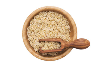 Chickpea and olive wood scoop in a wooden cup