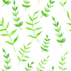 Floral seamless pattern with green watercolor branches and leaves. Vector illustration.

