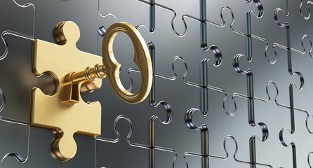 Golden key in a keyhole puzzle. Illustration of 3D rendering.