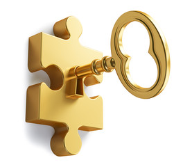 Gold key in a gold puzzle on a white background. 3d render illustration.