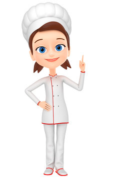 3d render illustration. Girl chef pointing with his finger up at empty space, isolated on white background.