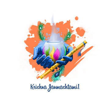 Krishna Janmashtami digital art illustration. Annual Hindu festival in India. Birth of Krishna holiday greeting card, poster, brochure, leaflet, cover, layout template. Graphic design clip art mock-up