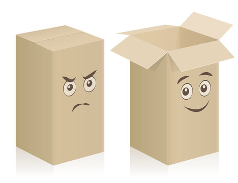 Comic carton boxes with angry and happy face, closed and opened - isolated vector illustration on white background.