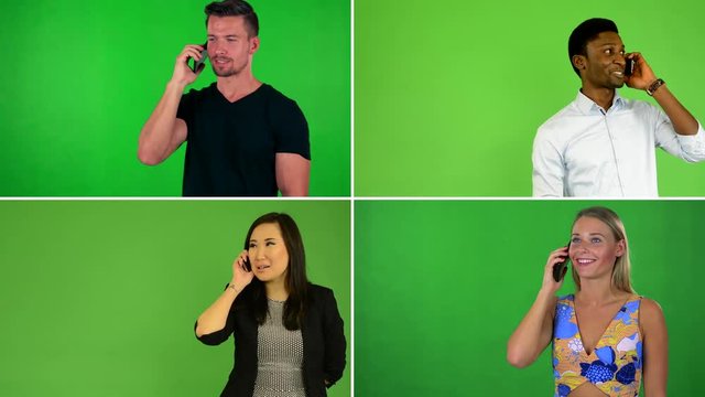 4K compilation (montage) - people phone with smartphone - green screen studio