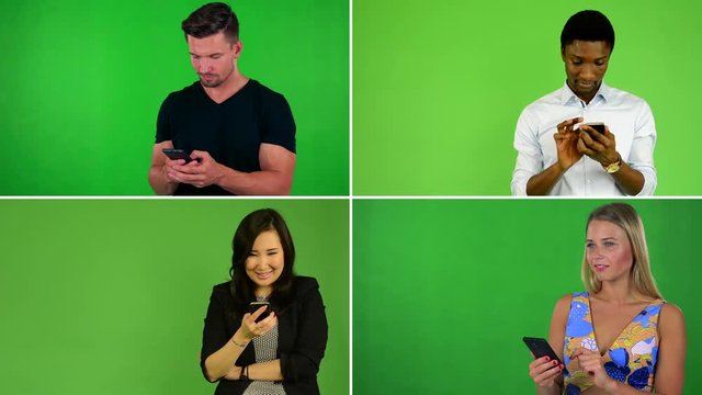 4K compilation (montage) - people work on mobile phone - green screen