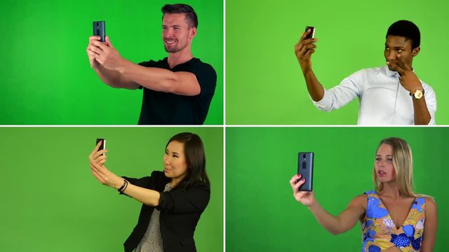 4K compilation (montage) - people take selfies with smartphone - green screen