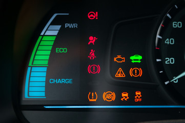 Car dashboard warning lights. Engine start moment. System check. Hybrid car.