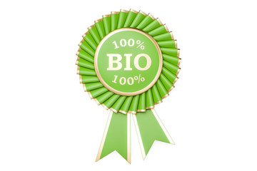 100% bio award, prize, medal or badge with ribbons. 3D rendering