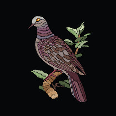 Dove embroidery. Embroidered bird on a branch. Vector vintage decorative element for embroidery, patches and sticker