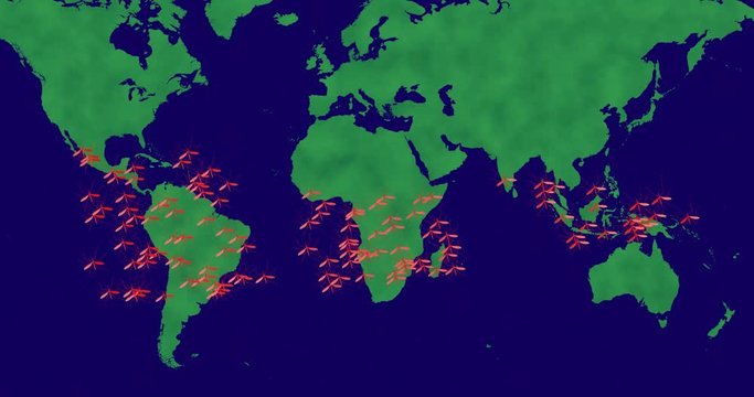  Mosquitoes, zika spreading across world map - path : bottom to top of screen. 3d rendering, 3d animation