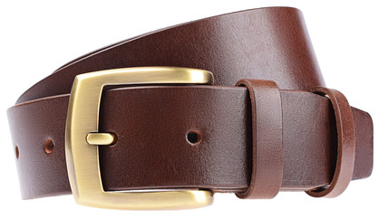 Leather brown belt with gold-plated metal buckle rasterized on a white background without a shadow