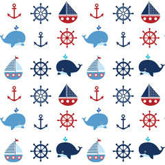 Cute seamless nautical pattern with boats and whales in red and blue colors for kids clothing, greeting cards and baby shower backgrounds