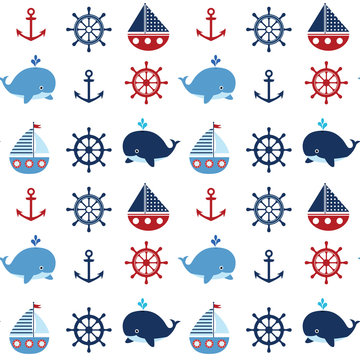 Cute seamless nautical pattern with boats and whales in red and blue colors for kids clothing, greeting cards and baby shower backgrounds