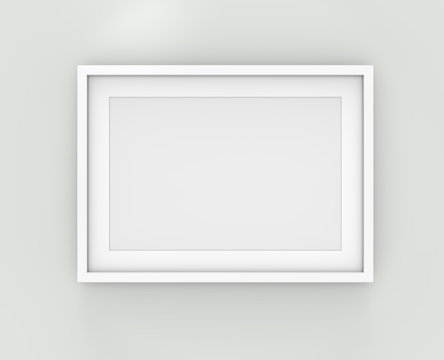 Picture frame on Wall. 3D render of Classic White Frame with white Passe-partout on Wall.  Blank for Copy Space. 