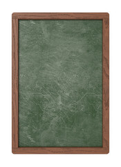 Green Blank Board. 3D render of a Chalkboard with dark wooden frame. Scratched and worn texture. Blank for Copy Space. 