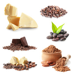 Set of cocoa products on white background
