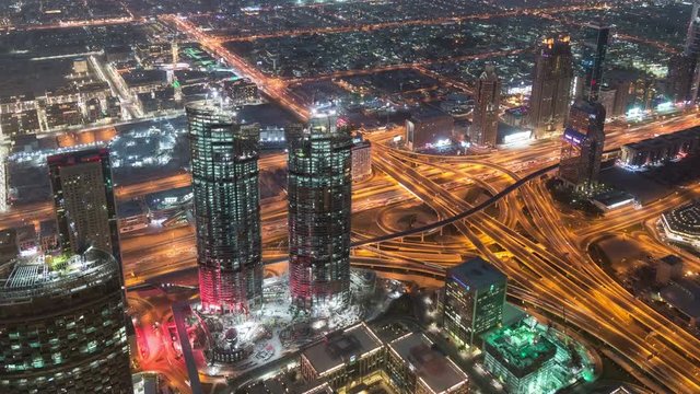 Dubai Downtown night timelapse with Burj Khalifa and other towers