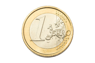 Coin of one euro closeup with European map symbol of United Europe. Isolated on white studio background.