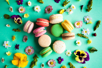 Colorful macaroons and flowers