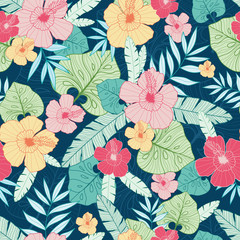 Vector tropical summer hawaiian seamless pattern with tropical plants, leaves, and hibiscus flowers. Great for vacation themed fabric, wallpaper, packaging.