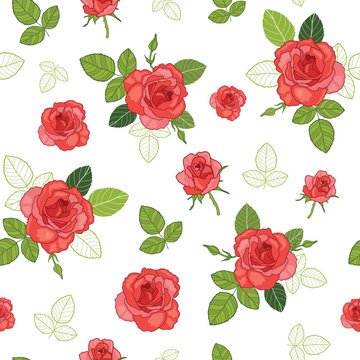 Vector vintage red roses and green leaves on white background seamless repeat pattern. Great for retro fabric, wallpaper, scrapbooking projects.
