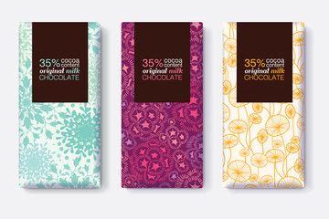 Vector Set Of Chocolate Bar Package Designs With Modern Pastel Floral Patterns. Rectangle frame. Editable Packaging Template Collection.