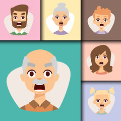 Vector set angry emoticons face of people fear shock surprise avatars characters illustration