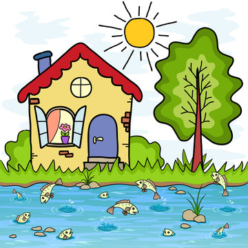 The cartoon country house and a lake with fishes, summer vacation