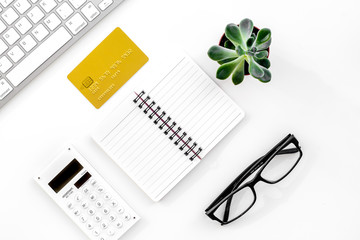 accountant or banker desk with calculator, keyboard and notebook white background top view mockup