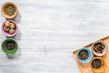herbal and green tea for tea-house gray wooden desk background flat lay mockup
