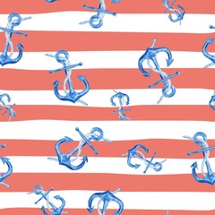 Watercolor hand drawn seamless pattern with anchors on red, and white marine striped background. Cute and simple nautical design.