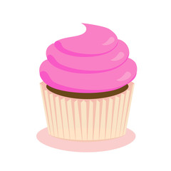 Chocolate cupcake with pink frosting, flat icon, vector