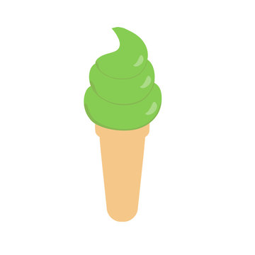 Green tea matcha ice cream in cone on white background