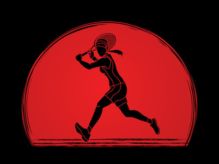 Tennis player running , Woman play tennis designed on sunlight background graphic vector.