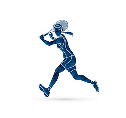 Tennis player running , Woman play tennis designed using blue grunge brush graphic vector.
