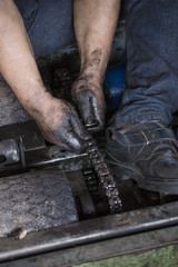 Hand during maintenance work of chain