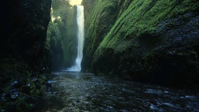 Tall waterfall and stream flowing through a mossy gorge