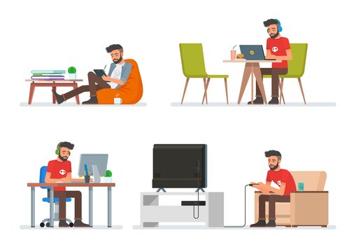 Vector set of cartoon people characters in flat style design. Hipster man playing video games, reading electronic book and working with computer. People icons isolated