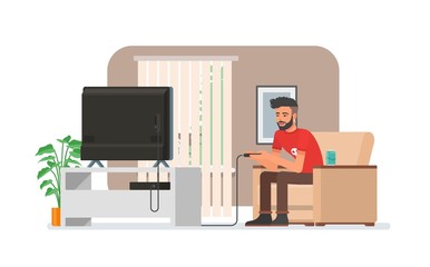 Smiling man playing video game console at home. Vector illustration with the hipster guy sits on sofa, holds game controller and watches TV. Room interior in flat style design © skypicsstudio