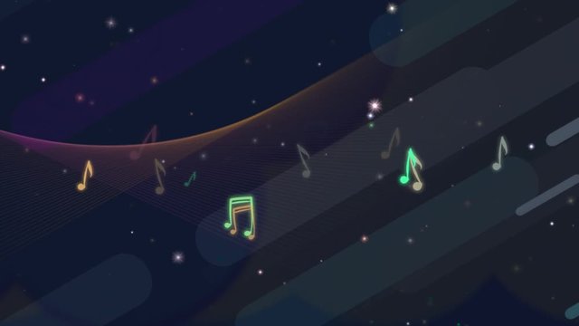Looped music night animation. Beautiful night sky with shining stars, rounded rectangle objects and colorful musical symbols.