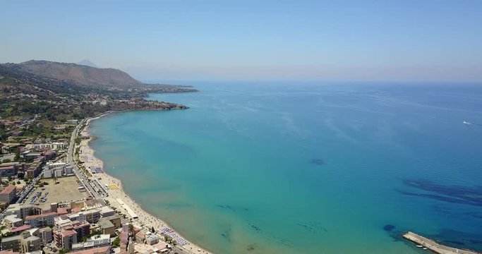 Aerial drone footage of panoramic view of village Cefalu in Sicily, Italy